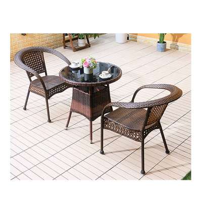 Simple Chinese Style Outdoor Dining Table Wood Steel Pipe PE Rattan Tempered Glass Coffee Garden Set